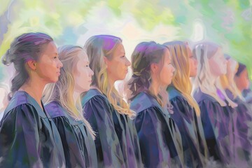 Wall Mural - A diverse group of jubilant graduates in blue caps and gowns share a joyful moment together, their faces beaming with pride and accomplishment. Ai generated 