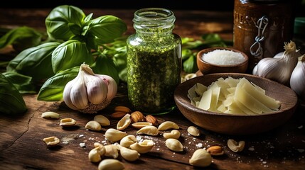 pesto sauce and ingredients for cooking on a rustic table