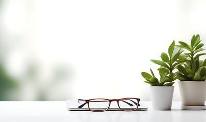 Work space office business and finance concept on white table desk background with laptop computer and coffee cup, green plant and glasses, Top view with copy space, flat lay. Generative Ai