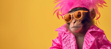 A Fashion Monkey Wearing Sunglasses And A Shirt. Fashion Photo. Stylish Gorilla Posing In Bright Modern Clothing And Sunglasses In The Studio. Monkey Wearing Colorful Summer Hat And Sunglasses