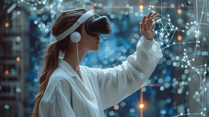 Aufkleber - A scientist in a white lab coat wearing VR goggles headset controlling molecules in the air and exploring how they combine in a futuristic 3D hologram. Generative AI.