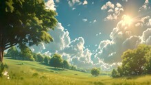 Green Summer Landscape With Sun Trees And Clouds. Cartoon And Anime Style