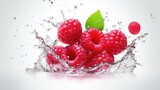 Fototapeta Kuchnia - Raspberry in splash and swirl, minimal isolated on white background. Fresh raspberry flying splashing, berry closeup.