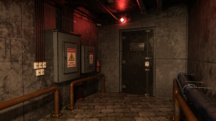 Wall Mural - doorway in a dark grungy basement corridor in an industrial building. 3d rendering.