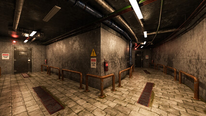 Wall Mural - grungy underground basement corridor in an industrial building. environment 3d illustration.