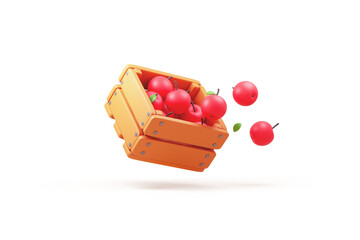 Minimal stylized brown wooden box with fresh ripe red apples, green leaves floating in the air. Autumn harvest at the farm. Healthy fruit snacks for nutrition, vitamins. 3d render isolated transparent