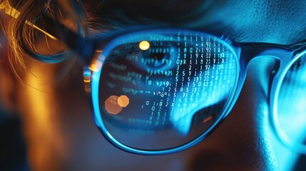 Wall Mural - extreme close up, mans spectacles, in the reflection computer code is visible. generative ai.