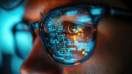 Wall Mural - extreme close up, mans spectacles, in the reflection computer code is visible. generative ai.