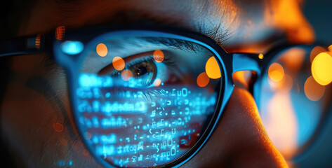 Man spectacles, A developer coder looking at programming code data cyber security digital tech reflecting in spectacles developing software program. Generative AI.