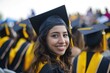 © qntn - A radiant graduate beams with accomplishment, wearing a traditional black cap and gown with a golden yellow tassel indicating her academic achievements. Ai generative