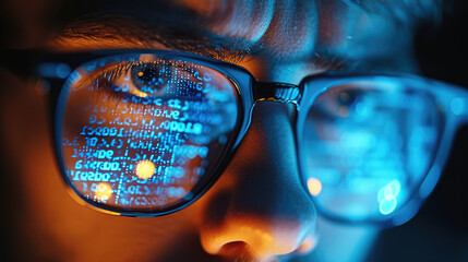Man spectacles, A developer coder looking at programming code data cyber security digital tech reflecting in spectacles developing software program. Generative AI.