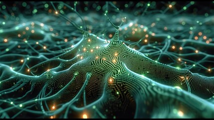 Poster - Network of hundreds of interconnected neurons that flash, one neuron is cybernetically modified and consists of green glowing microprocessors. Generative AI.