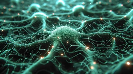 Poster - Network of hundreds of interconnected neurons that flash, one neuron is cybernetically modified and consists of green glowing microprocessors. Generative AI.