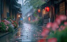 Behold A Japanese Landscape Street Scene Drenched In Rain, With A Backdrop Of Blooming Flowers Essence Of A Traditional Japanese Landscape.