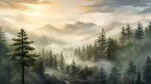 Pine Forest In A Foggy Morning. Natural Coolness With Cloudy Skies. Green Spruce Trees Background Wallpaper.