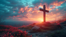 Wooden Cross On The Top Of The Mountain With Red Flowers