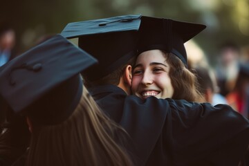 Wall Mural - A heartwarming scene at a graduation ceremony captures a female graduate in a black cap and gown embracing a joyous man. Her face is buried in his shoulder. Ai generative.