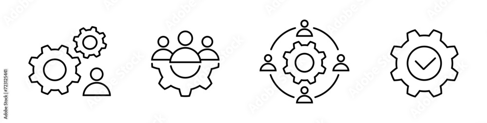 Work process and teamwork with brainstorming line icon set in flat ...