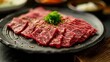 thinly sliced yakiniku marbled beef on a stone plate, ready to be grilled, banner, poster