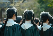 A Momentous Occasion Is Captured From Behind As Four Graduates, Clad In Traditional Green Graduation Robes And Mortarboards, Stand Side By Side, Looking Towards A Future Filled With Promise. Ai Genera