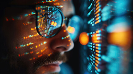 Wall Mural - man spectacles, extreme close up, focused developer coder looking at programming code data cyber sec
