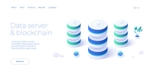 hosting server isometric vector illustration. abstract datacenter or blockchain background. network 
