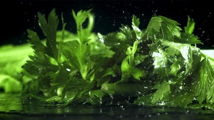 Sticker - Celery sprigs fall on a wet table. Filmed on a high-speed camera at 1000 fps. High quality FullHD footage