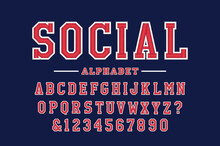 Classic College Font. Vintage Sport Serif Font In American Style For Football, Soccer, Baseball And Basketball. Alphabet And Numbers With Outline In Varsity Style