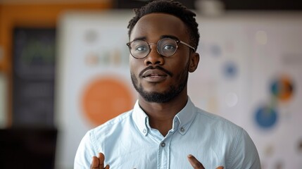 An African American man presenting the result of an algorithmic auditing and discussing algorithmic impact assessment results. Generative AI.