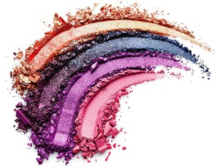 Vibrant crushed eyeshadow palette isolated white background. Eyeshadow swatches in semicircular stripes