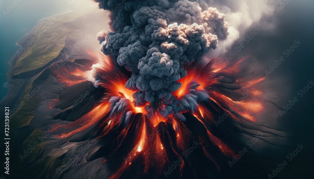 An awe-inspiring volcanic eruption with fiery lava streams and a ...