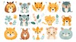 Cartoon style animal pattern illustration with a theme for kindergarten children, lions, cats, horses, foxes and botanical decorations on a white background.