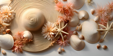 Straw hat and sea shells on sand