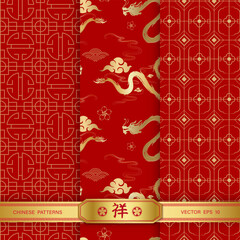 Wall Mural - Festive Lunar Chinese new year seamless pattern red background collection set for year 2024 with dragon vector design
