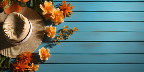 Wall Mural - Straw hat and sea shells on wooden floor