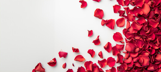 Beautiful red rose petals on white background, top view. abstract photo. Red rose petals isolated on white background. Decorated for love greetings on valentines day or wedding.