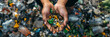 Earth Day banner. Hands holding plastic waste with a blurred pile of garbage in the background, environmental issue.