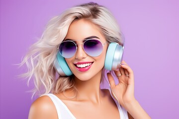 Wall Mural - Young Woman Wearing Hi-Tech Smart Glasses and Headphones on Vibrant Solid Colored Background