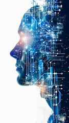 Wall Mural - a human head over intricate circuitry. artificial intelligence and human-computer integration concep