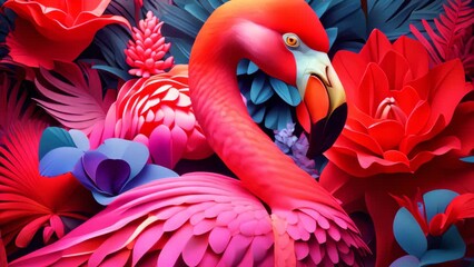 Wall Mural - Flamingo and tropical nature flower abstract background. Generative ai.