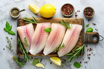 Wall Mural - Raw fish fillet with herbs and spices on a wooden board top view