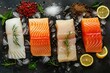 Assorted fresh fillet fish collage including white fish pangasius red salmon and trout steak garnished with ice and spices View from above