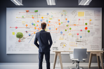 Businessman looking at and Analyser data graph on white board