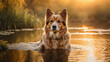 a dog is sitting in the water with his head above the water's surface and looking at the camera, animal photography