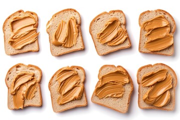 Poster - Bread slices with delicious peanut butter on a white background arranged in a collage