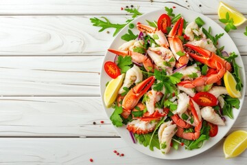 Sticker - Delicious crab stick salad on white table for text