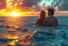 As The Sun Sets Over The Ocean, A Man And Woman Wade Through The Cool Waters, Their Silhouettes Reflected In The Calm, Rippling Surface As They Embrace Under The Colorful Sky