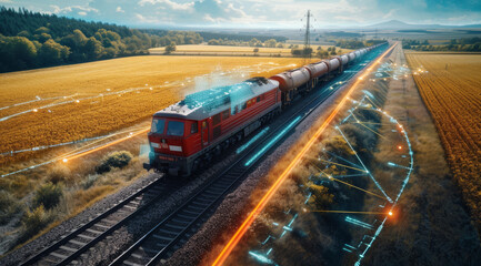 Wall Mural - Freight Train Movement at Sunset.
Cargo train moving through the countryside at sunset with digital overlay.