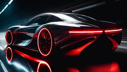 Elegant, futuristic, shiny car of the future, red tail lights