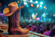 Live Concert At A Country Music Festival Featuring Cowboy Hats Boots And Ranch Stables
